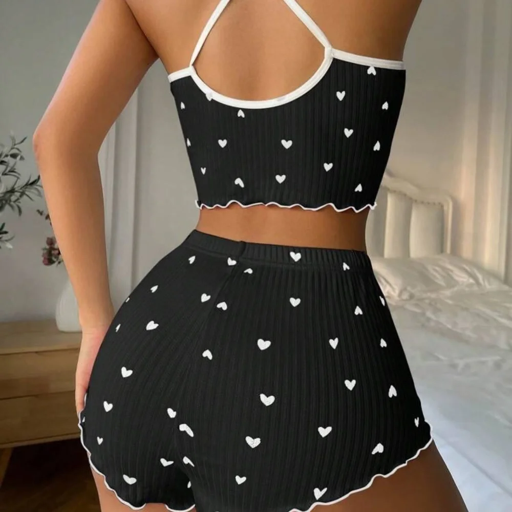 SHEIN | Black Heart Print Contrast Binding Bow Front PJ Short Set
